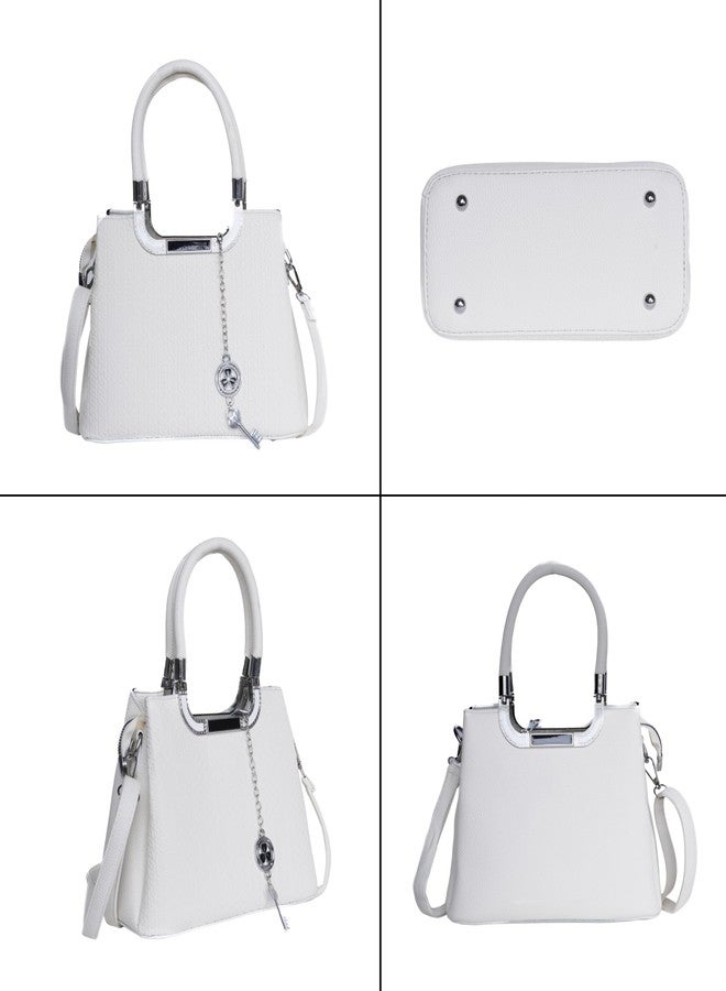 SANTORINI Élysée Women’s Textured small Satchel Bag | Multi-Compartment Design with Detachable Sling Strap & Charm - Premium Small Handbag for women (White) - Image 3